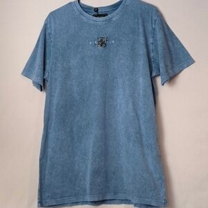 SikSilk Blue Acid Wash Short Sleeve Crew Neck Embroidered Logo Tee size Small